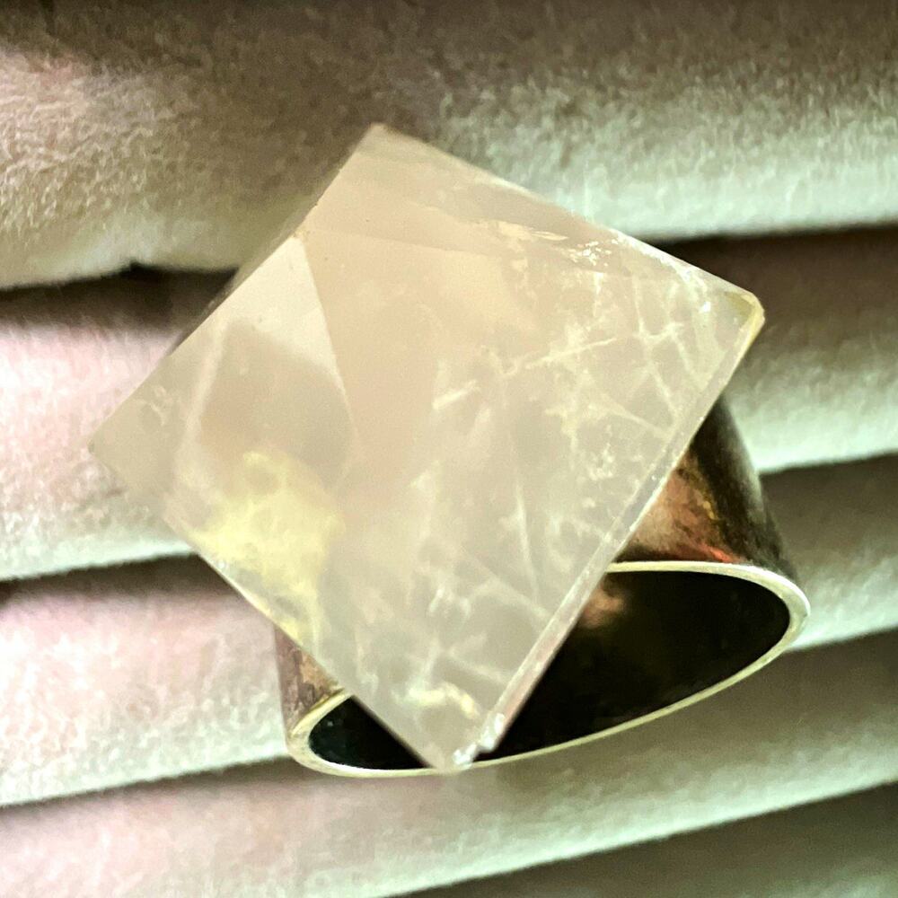 Silver Tone Cocktail Ring with Large Rose Quartz Stone - Single Gemstone 6.5